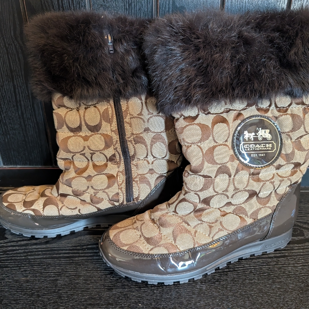 Coach Joyous Tan and Brown Patterned Boots with Fur Trim 8.5